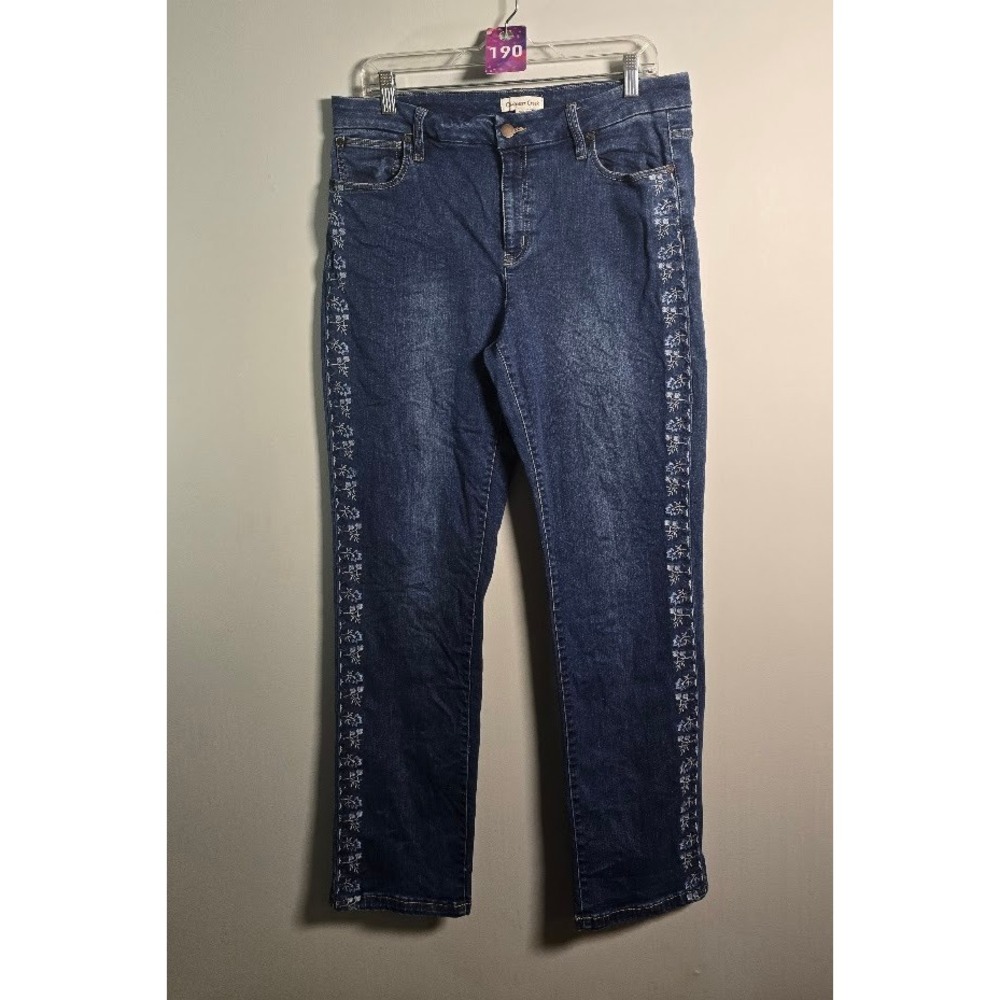 Coldwater Creek Womens Jeans Dark Blue Floral Embroidered Straight Leg Size 14